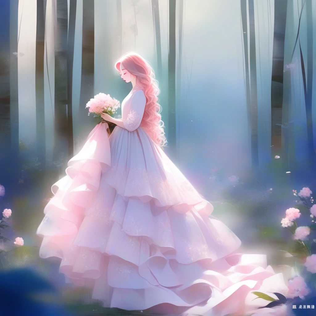 One girl, alone,white、pink、 length_hair, length_sleeve, dress, Holding, Are standing, Closed_eye, flower, Artist_name, signature, from_~ side, English_article, wood, profile, animal, watermark, Wavy_hair, flower柄_printing,  plant, , nature, web_address, forest, curly_hair, パステルカラーdress, ブドウのwood