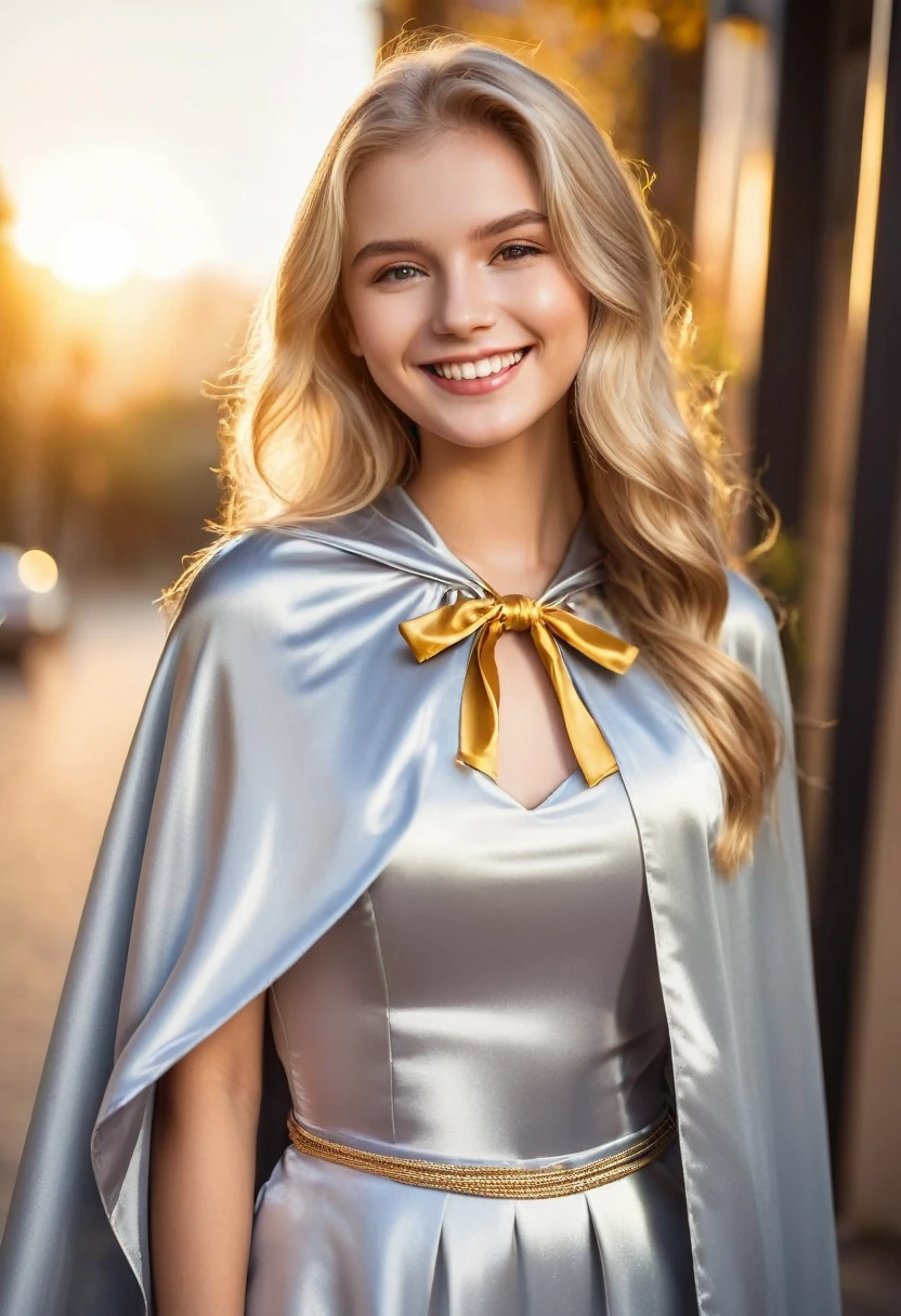 (RAW photo) , 1girl, cute, 20 years old, long blonde hair , smiling, look at viewer, ((((silver and gold lined satin cape tied at the neck)))+++, side spilt skirt , photo, realistic, best quality, hires, detailed face, detailed background, diffused lighting, depth of field, bokeh