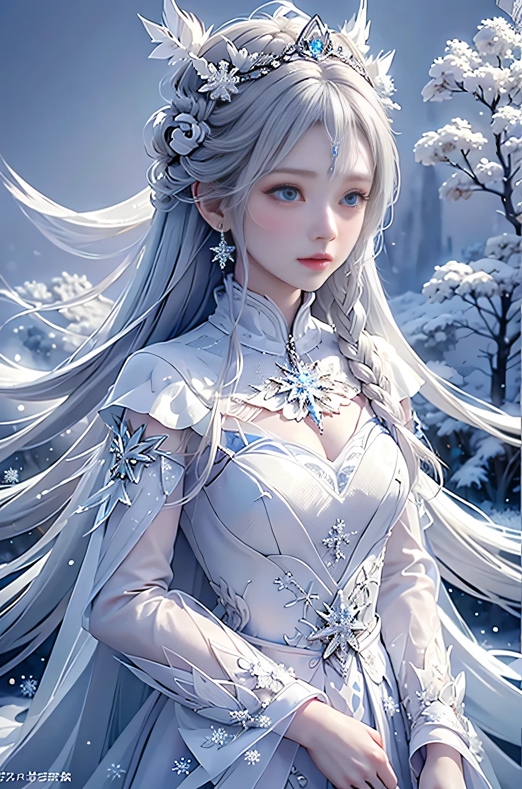 wood, Exquisite mini ice spikes and crystals, Frozen waterfall in the background, Light reflected by ice crystals, Flowing snowflakes.Beautiful woman、Gray Hair、pretty girl,A realistic person々,
