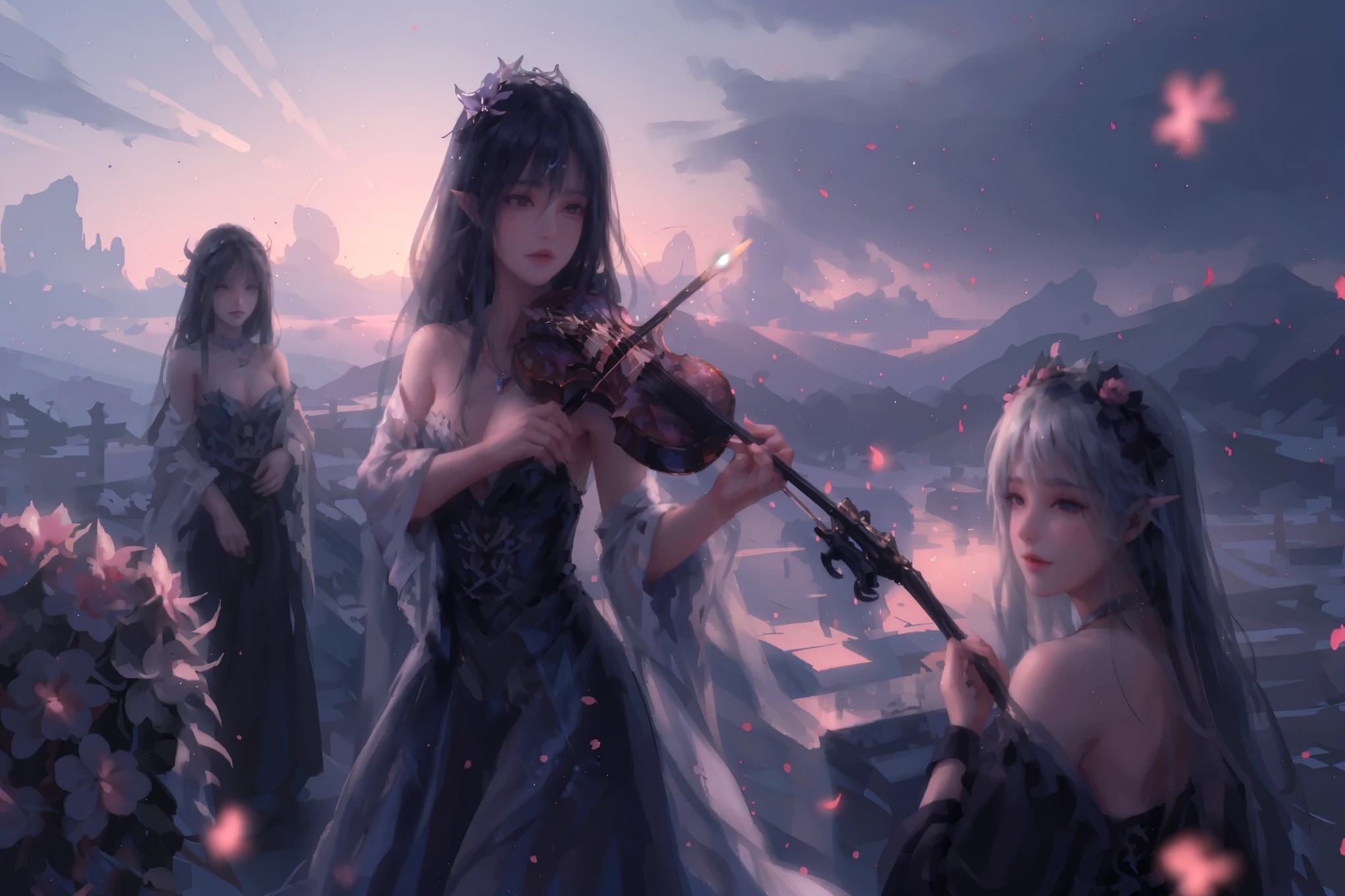 Raw, cinematic shot, (sharp focus:1.5), (photorealistic:1.4), twilight lighting, volumetric lighting, ultra high res, 16K,dramatic lighting, 1girl, solo, long hair, violin, instrument, black eyes, dress, white dress, white hair, looking at viewer, light particles, closed mouth, indoors, jewelry, sleeveless, bare shoulders, bangs, head tilt, black rose, beautiful detailed eyes, detailed background, amanhecer, cloud, flower, sky, scenery, day, grass, outdoors, blue_sky, field, cloudy_sky, horizon, hydrangea, water, ocean, mountain, blue_flower, flower_field, bird, The black bow on the head, qingsha, plyaing violin, harp, sole, foot focus, violin,