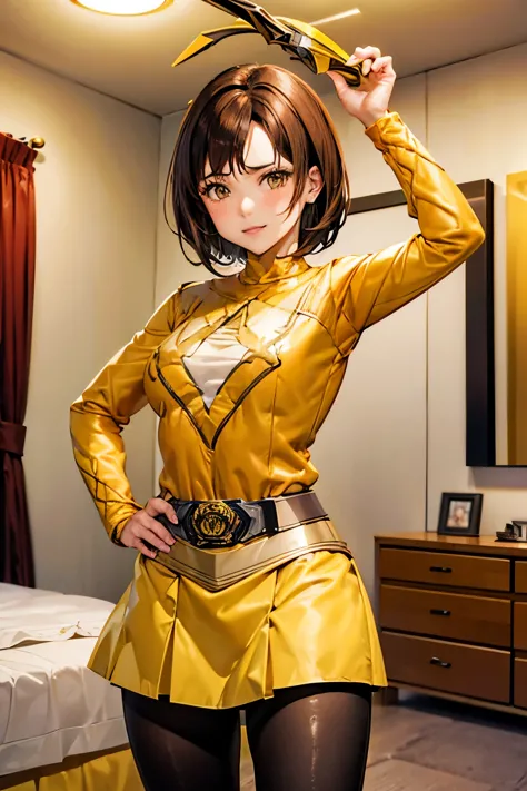 Luca Milfi、Gokaiger、Brown Hair、Short Hair、((pantyhose))、Photo from below、Medium chest、Bedroom、((Yellow Ranger))、One girl、((Bodys...