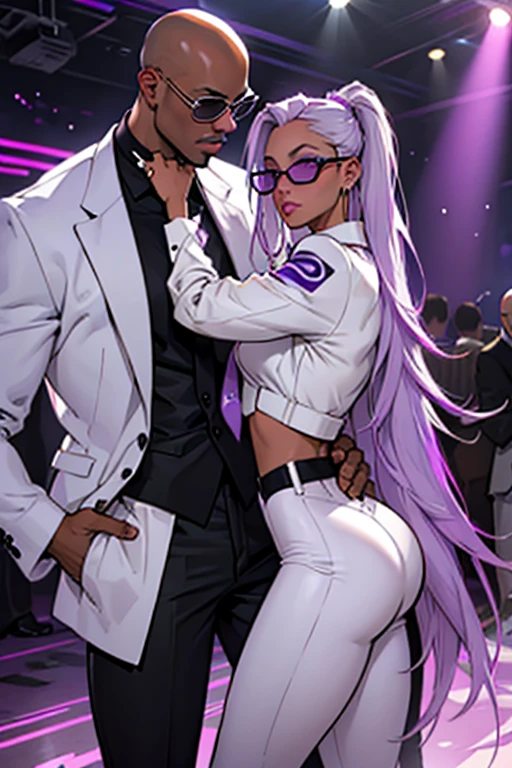 An alluring yet shy intergalactic woman (Purple, White Gradient Long Hair, Indifferent, Kind) partying in a cyberpunk dance club alongside a African American male (tall ,bald headed, bearded) wearing sunglasses and a suit and tie.