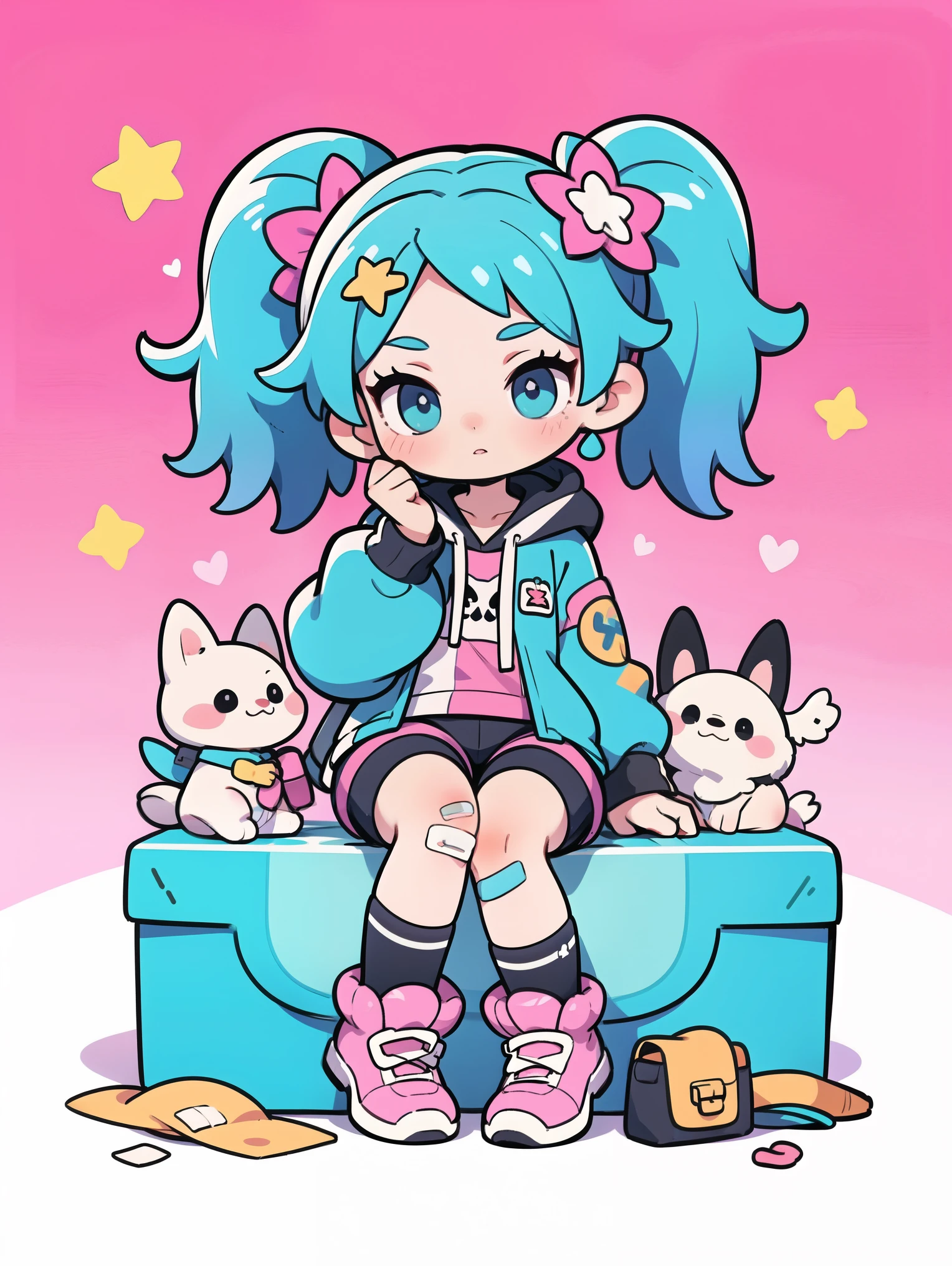 masterpiece, best quality, 8k, cinematic light, ultra high res, chibi, 1girl, bag, backpack, solo, multicolored hair, shorts, star \, (symbol\), blue hair, hood, sitting, pink hair, star hair ornament, head rest, socks, pink footwear, black shorts, hair ornament, full body, boots, bandaid, gradient, twintails, jacket, 