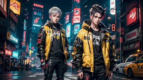 create an anime-style cyberpunk image of a guy wearing yellow cyberpunk attire with red and gray accents. , his hair is black . ...