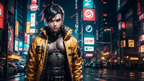 create an anime-style cyberpunk image of a guy wearing yellow cyberpunk attire with red and gray accents. , his hair is black . ...