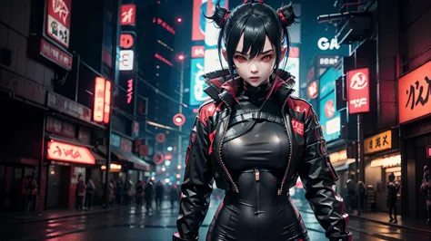 create an anime-style cyberpunk image of a girl wearing black cyber ninja attire with red and gray accents. she's wearing a blac...