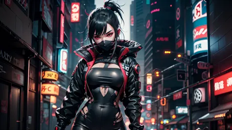 create an anime-style cyberpunk image of a girl wearing black cyber ninja attire with red and gray accents. she's wearing a blac...