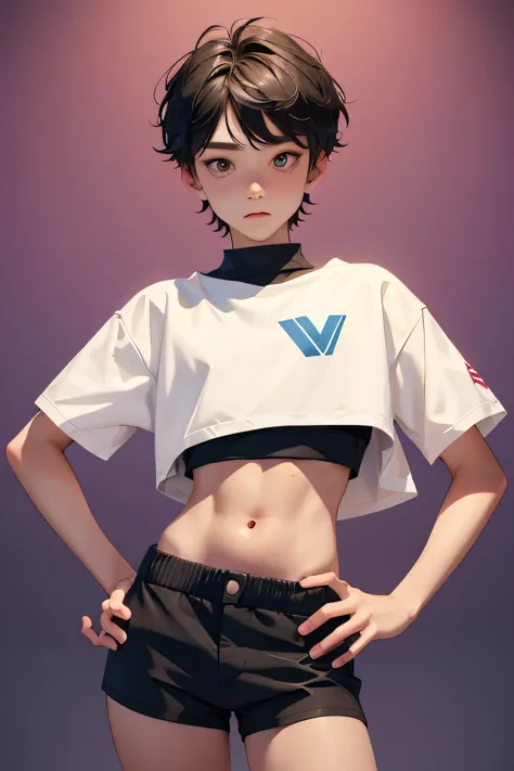 Teen boy 14 years old, boy wears a crop top and too very short shorts,