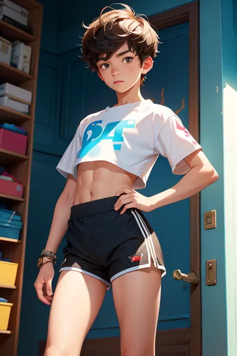 Teen boy 14 years old, boy wears a crop top and too very short shorts,