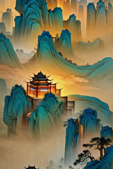 the famous danxia mountain is magnificent and spectacular. it is like a chinese ink painting in the style of zhang daqian, with ...