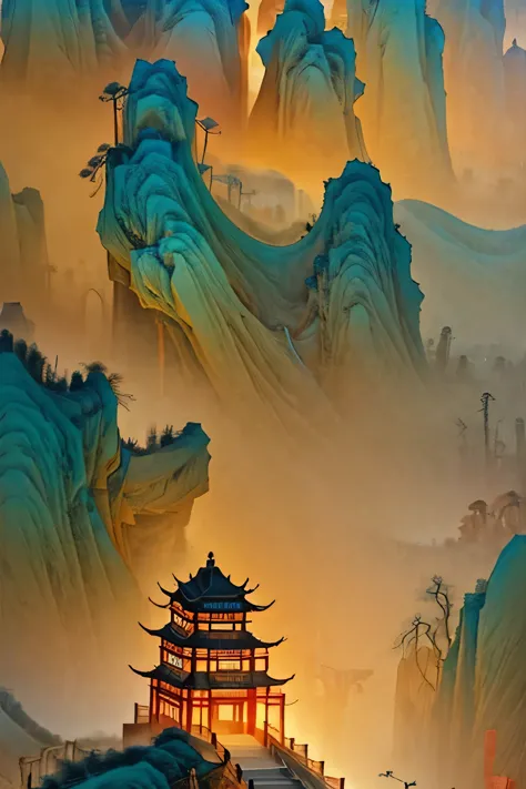 the famous danxia mountain is magnificent and spectacular. it is like a chinese ink painting in the style of zhang daqian, with ...