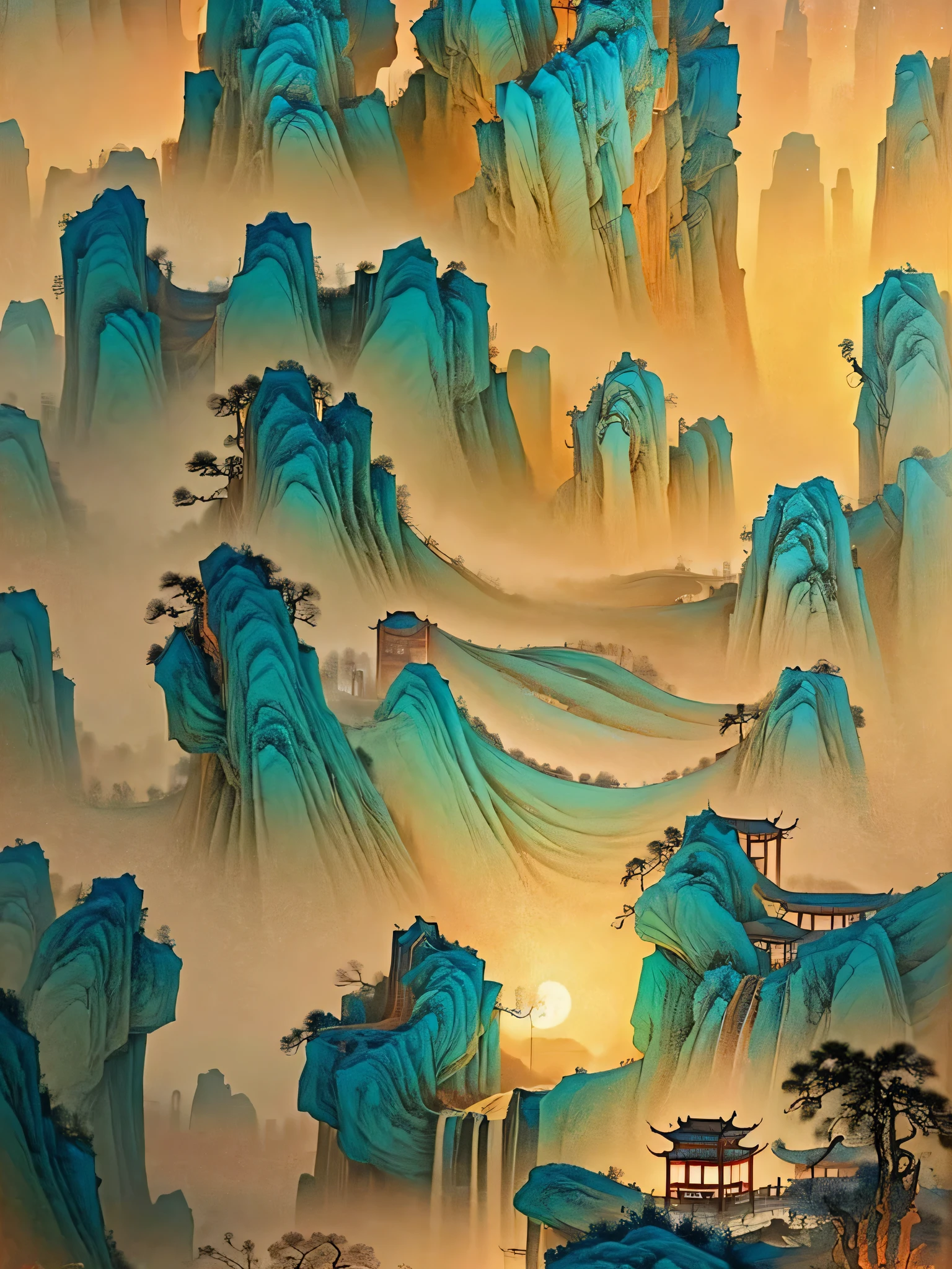 The famous Danxia Mountain is magnificent and spectacular. It is like a Chinese ink painting in the style of Zhang Daqian, with a large amount of blank space and a beige background. The colors are soft and detailed, depicted in a super high resolution of 32k.