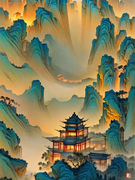 the famous danxia mountain is magnificent and spectacular. it is like a chinese ink painting in the style of zhang daqian, with ...