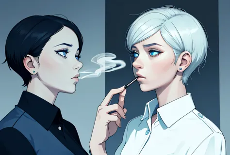 girl , smoking  , side face , short hair , wearing patient uniform , blue eyes , negative , sad , thinking about future , bad fu...