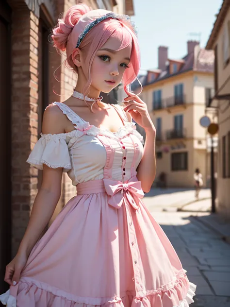 Cute super delicate girl in a lolita dress with pink hair. Calidad de imagen ultraalta de 8K, textura delicada, fondo blanco pur...