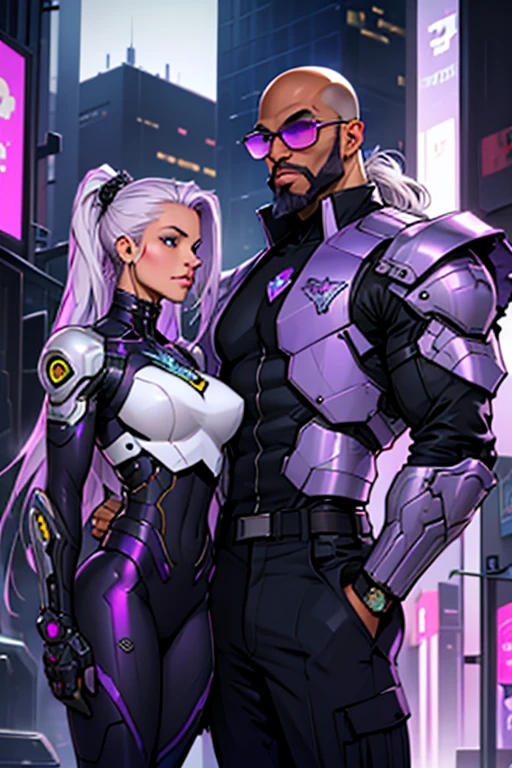 An alluring yet shy intergalactic woman (Purple, White Gradient Long Hair, Indifferent, Kind) partying in a cyberpunk dance club alongside a African American male (tall ,bald headed, bearded) wearing sunglasses and a suit and tie.