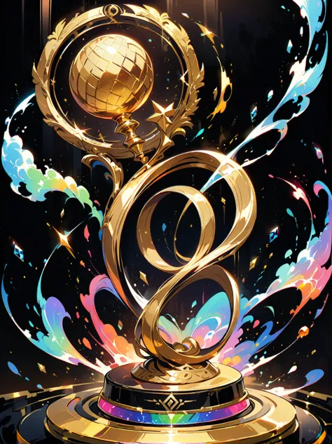 best quality, very good, 16K, Golden trophies, Shiny gold plated, Twisted, Luxurious and cool design, Displayed on a rainbow cry...