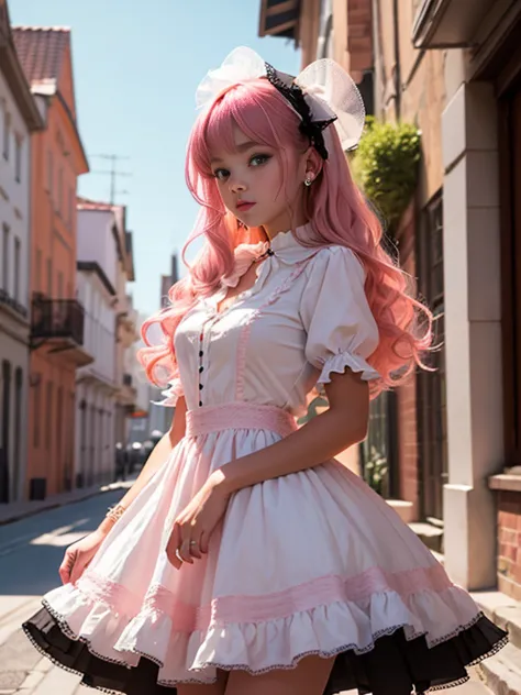 Cute super delicate girl in a lolita dress with pink hair. Calidad de imagen ultraalta de 8K, textura delicada, fondo blanco pur...