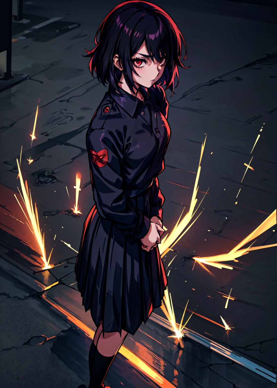 (perfect composition),anime character Sukeban delinquent girl  standing on a city street corner in black seifuku with black very long skirt, anime style. 8k, anime style mixed with fujifilm, retro anime girl, anime styled digital art, in tokyo, anime style illustration, anime style 4 k, anime style artwork, anime poster film still portrait, tokyo anime scene, modern anime style, anime style digital art, short hair, 26year old, red converse,