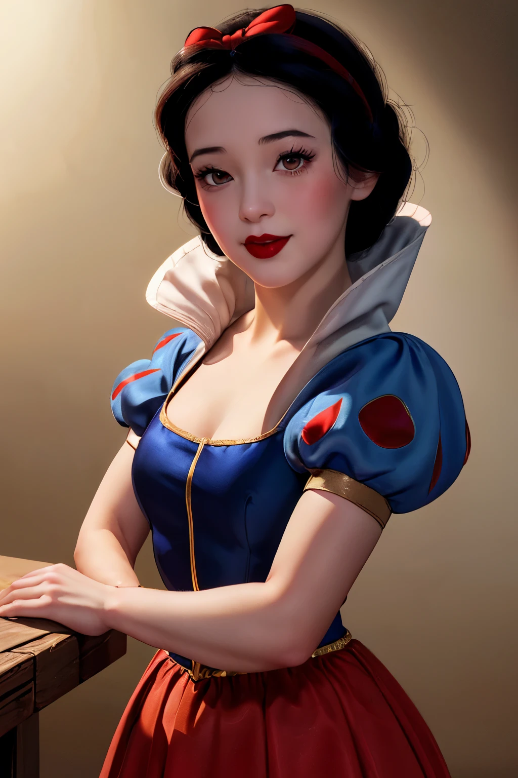 snow white,
(highest quality, masterpiece, RAW Photos,Very detailed:1.2), One girl,alone,View your viewers, smile, Black Hair, dress, bow, Brown eyes, hair bow, hair band, Puffy sleeves, sign, red bow, eyelash, compensate, blue dress, lipstick, red hair band, Red lips