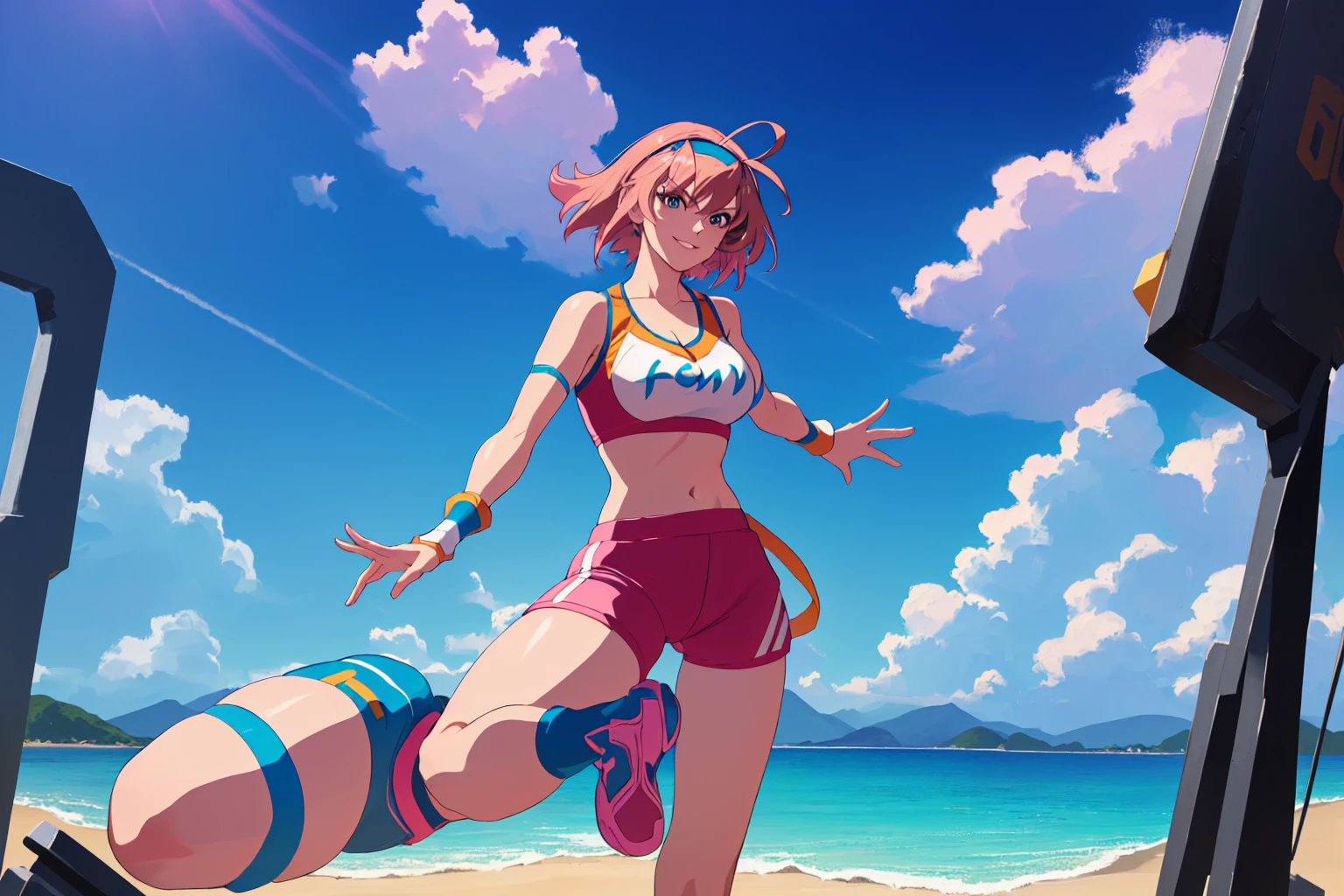 (perfect composition),imagined a girl in extreme sport outfit playing to a flying disc game in a beach arena game sport, masterpiece, ultra-detailed, 80's anime (style), 2D, megapixel, perfectionism, full HD , 4K, (windjammers), windjammers sport game, windjammers 2 (((((solo mature anime woman,)))))++++++++++++++++++, looking at viewer, full body, brown hair and pink hair, short hair, weird hair, smile, lips, eyelashes, medium breasts, gym uniform, uniform, gym shorts, headband, sports bra, elbow pad, knee pad, extreme sports outfit 80's theme, beach background, playing flying disc game on a beach court game, sea, sun in the sky, sports wear