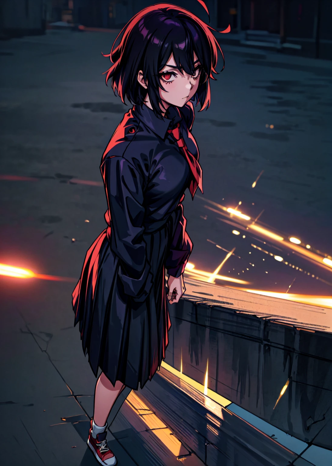 (perfect composition),anime character Sukeban delinquent girl  standing on a city street corner in black seifuku with black very long skirt, anime style. 8k, anime style mixed with fujifilm, retro anime girl, anime styled digital art, in tokyo, anime style illustration, anime style 4 k, anime style artwork, anime poster film still portrait, tokyo anime scene, modern anime style, anime style digital art, short hair, 26year old, red converse,