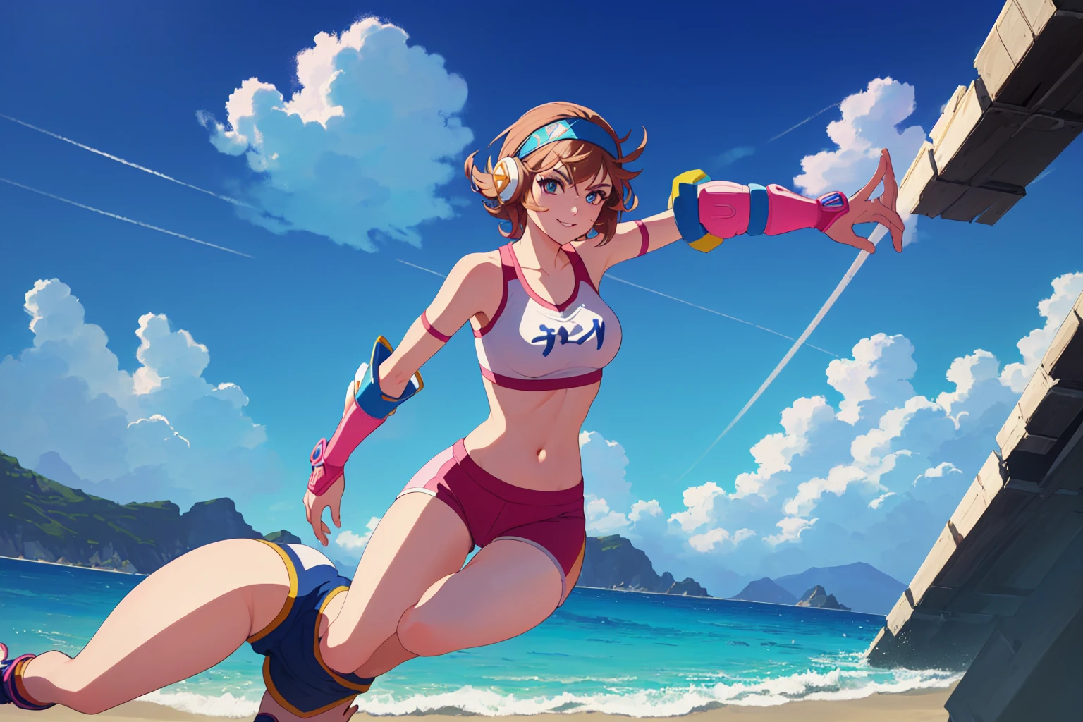 (perfect composition),imagined a girl in extreme sport outfit playing to a flying disc game in a beach arena game sport, masterpiece, ultra-detailed, 80's anime (style), 2D, megapixel, perfectionism, full HD , 4K, (windjammers), windjammers sport game, windjammers 2 (((((solo mature anime woman,)))))++++++++++++++++++, looking at viewer, full body, brown hair and pink hair, short hair, weird hair, smile, lips, eyelashes, medium breasts, gym uniform, uniform, gym shorts, headband, sports bra, elbow pad, knee pad, extreme sports outfit 80's theme, beach background, playing flying disc game on a beach court game, sea, sun in the sky, sports wear