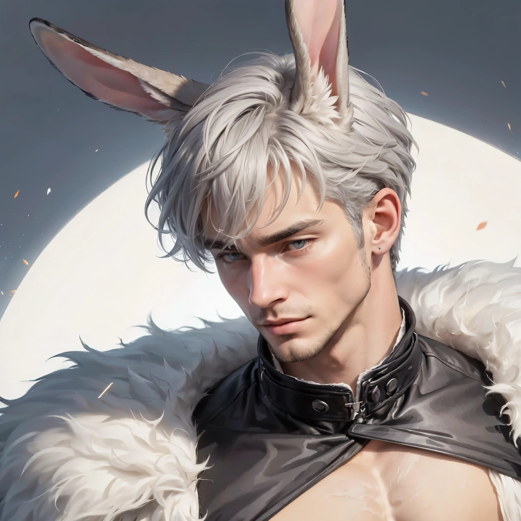 1 homme,beaux hommes,oreille de lapin,Musclé,cheveux gris,manteau de fourrure