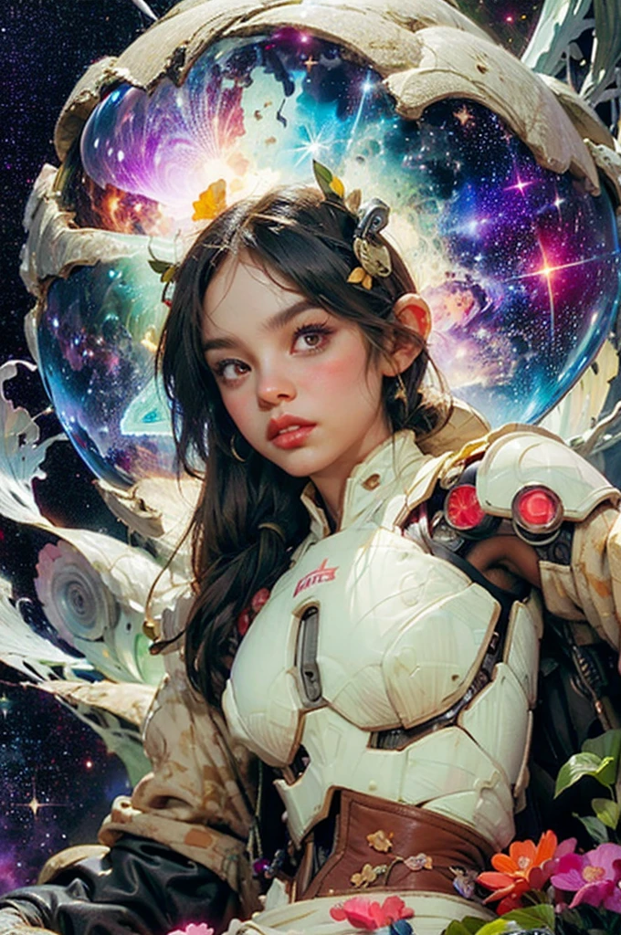 there is a screenshot of a woman in a space suit, cosmic girl, event, cosmic entity, incrinate content details, endless cosmos in the background, historical event, real event, astral background, cosmic background, cosmic goddess, cyborg goddess in cosmos, celestial cosmos, game interface, violet battlefield theme, cosmic style, hyperdetailed content, background details