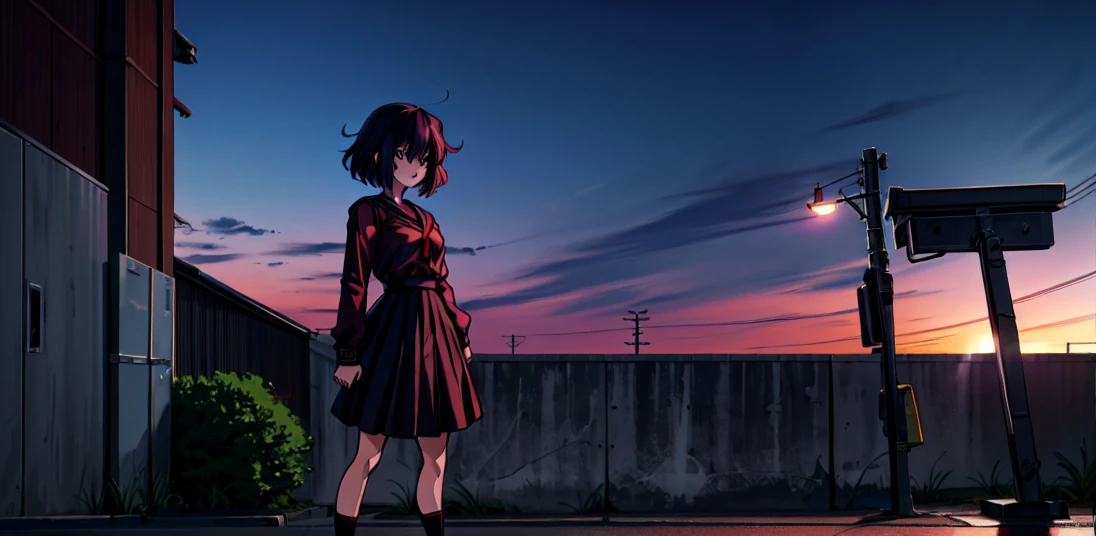 (perfect composition),anime character Sukeban delinquent girl  standing on a city street corner in black seifuku with black very long skirt, anime style. 8k, anime style mixed with fujifilm, retro anime girl, anime styled digital art, in tokyo, anime style illustration, anime style 4 k, anime style artwork, anime poster film still portrait, tokyo anime scene, modern anime style, anime style digital art, short hair, 26year old, red converse,