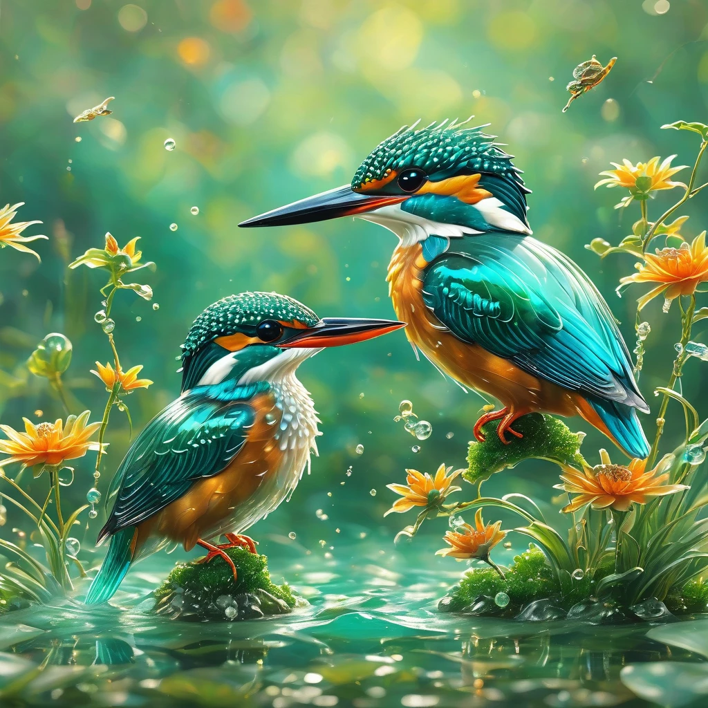 best quality, very good, 16K, ridiculous, Extremely detailed, Gorgeous transparent kingfisher， Background grassland（（A masterpiece full of fantasy elements）））， （（best quality））， （（Intricate details））（8k）