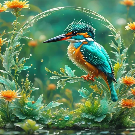 best quality, very good, 16K, ridiculous, Extremely detailed, Gorgeous transparent kingfisher， Background grassland（（A masterpie...