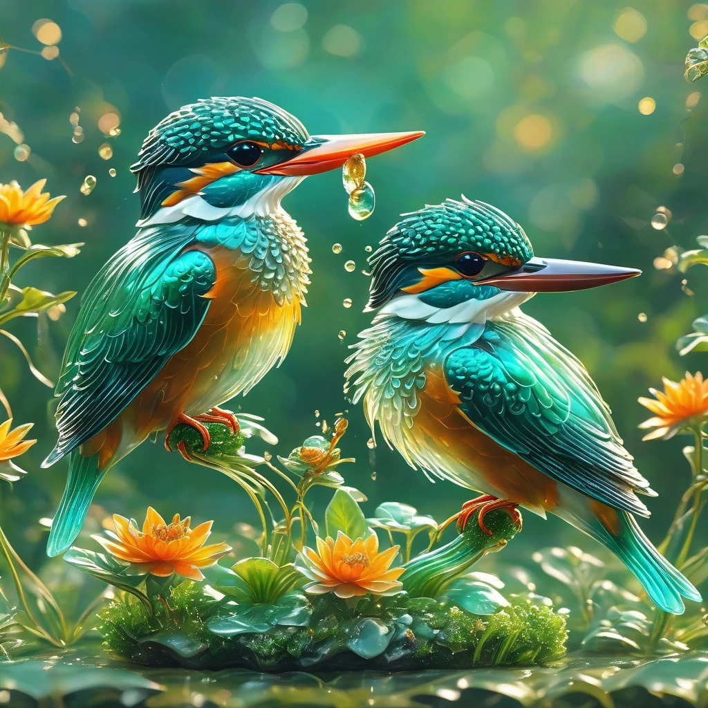 best quality, very good, 16K, ridiculous, Extremely detailed, Gorgeous transparent kingfisher， Background grassland（（A masterpiece full of fantasy elements）））， （（best quality））， （（Intricate details））（8k）