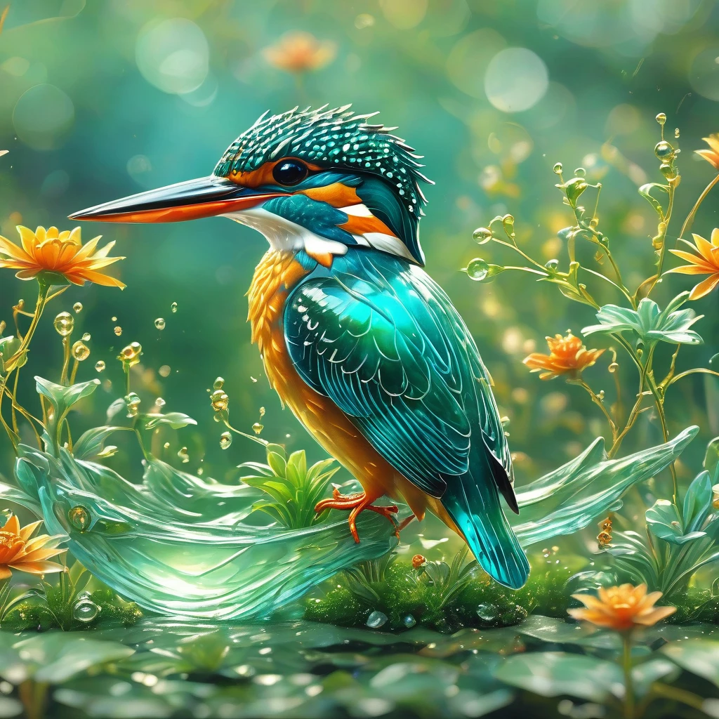 best quality, very good, 16K, ridiculous, Extremely detailed, Gorgeous transparent kingfisher， Background grassland（（A masterpiece full of fantasy elements）））， （（best quality））， （（Intricate details））（8k）