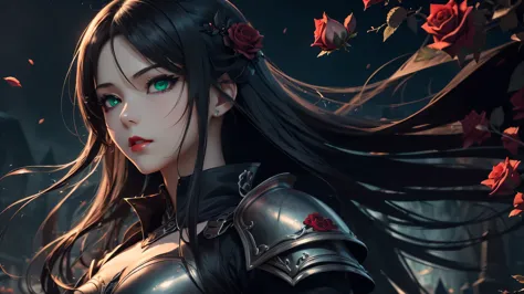 On the graveyard full of black rose bushes stand female death knigth, she dressed in sexy black obsidian plate armor, she have pale skin long ash hair beatiful face with green eyes and bloody red lips, (ultra high quality anime fantasy art, dafk fantasy st...