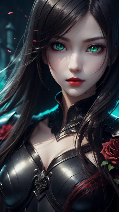 On the graveyard full of black rose bushes stand female death knigth, she dressed in sexy black obsidian plate armor, she have pale skin long ash hair beatiful face with green eyes and bloody red lips, (ultra high quality anime fantasy art, dafk fantasy st...
