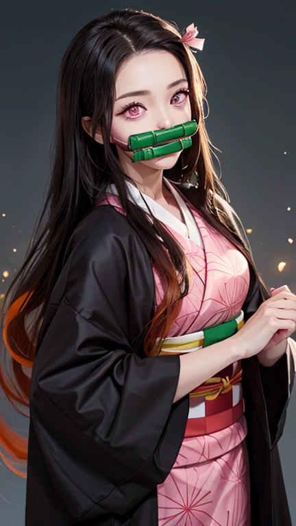 masterpiece, highest quality, 8k, Ultra-high resolution, highest quality, Anime Style, Best writing, Beautiful Face, Nezuko Kamado, bamboo, bit gag, Black Hair, amount, (gag, gagged:1.3), head band, Long Hair, Colorful Hair, (Pink Eyes:1.2), Orange Hair, slit pupils, curl, Two-tone hair, Cover your mouth,
Asa is still (pattern), checkered sash, Black haori, kimono, kimono, Long sleeve, heart, pink kimono, sash, Changes through,  Wide sleeves, 1 girl,Lonely,Looking at the audience, Beautiful background, masterpiece, highest quality, throw, Cowboy Shot, Dance happily