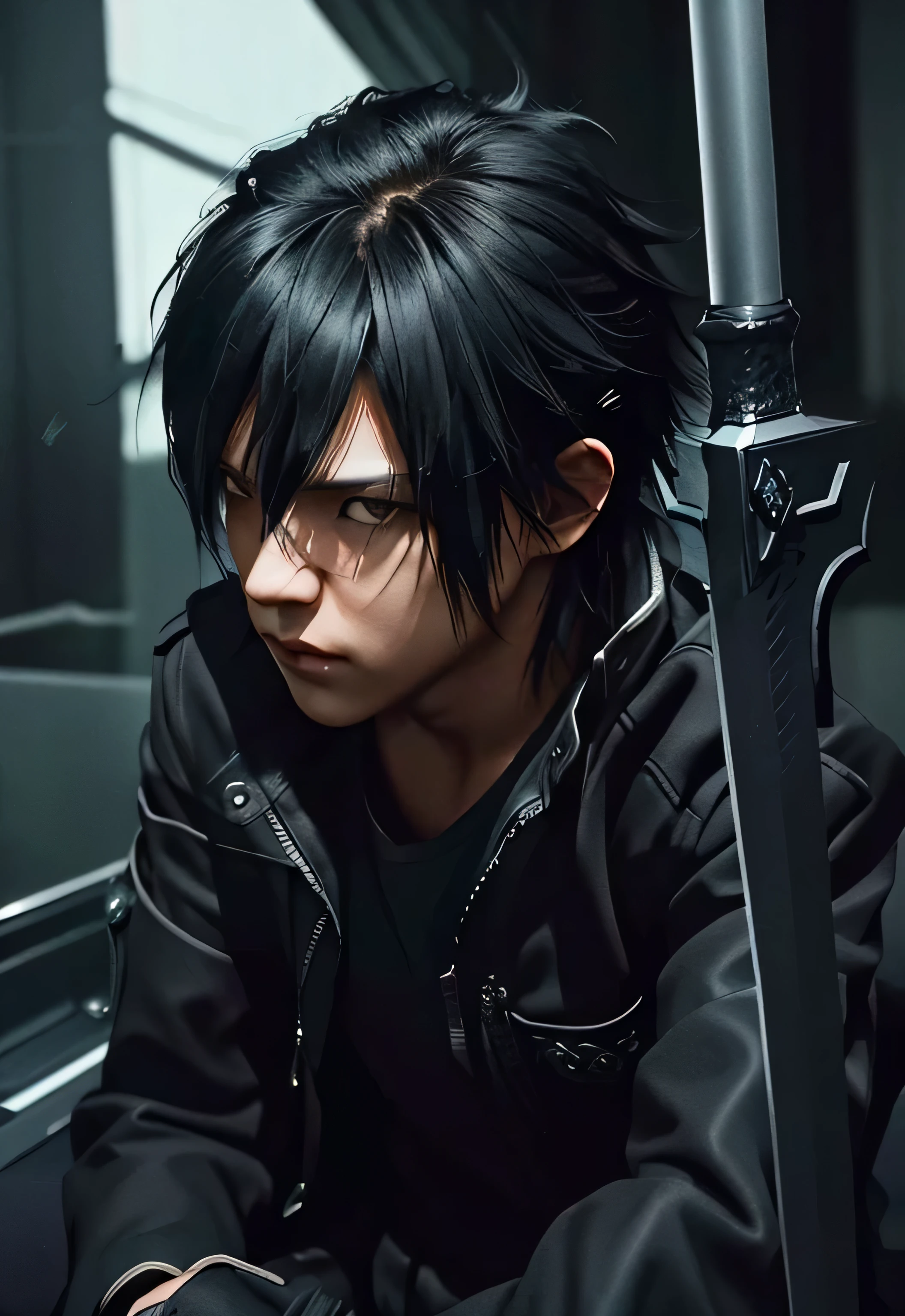 ((vindictive)), UHD ((spoiteful)),photorealistic, realistic skin,An alluring portrayal of a boy with an emo aestheticand Kirito (Kazuto Kirigaya) from SAO bring long black and blue swords on back, highlighting his gorgeous face against a dark backdrop. His features should exude a sense of mystery and depth, with (messy:1.2) and (tousled:1.1) hair falling over one eye. He is dressed in a classic outfit that complements his style, black and blue swords in back ,with a (modern twist:1.1). The image should have a (contrasting:1.2) lighting, perfect lighting emphasizing the contours of his face and creating a captivating interplay of light and shadow. The overall tone should be moody and atmospheric, capturing the essence of his emo persona.full body, night city background 