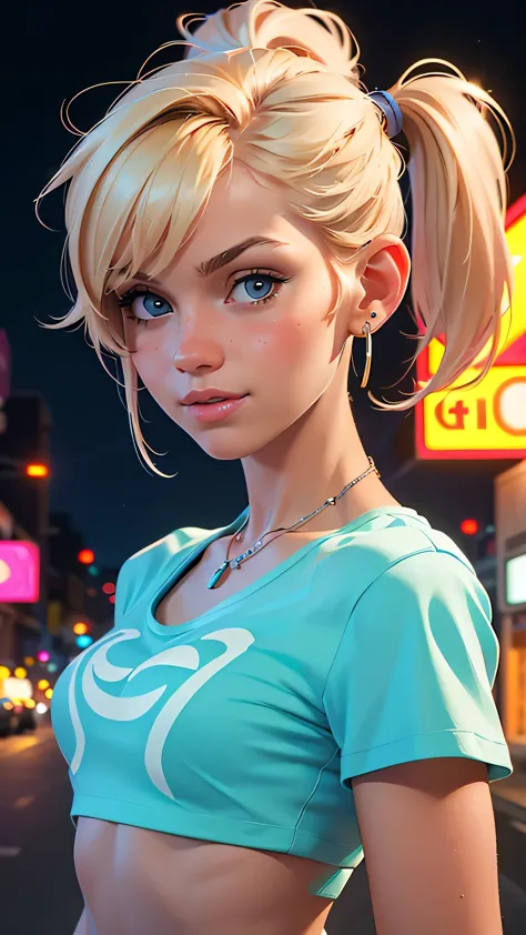 (best quality,4k,highres,ultra-detailed,realistic:1.2), a cheerful 22 year old, small breasts,short blond  hair with a pigtail a...