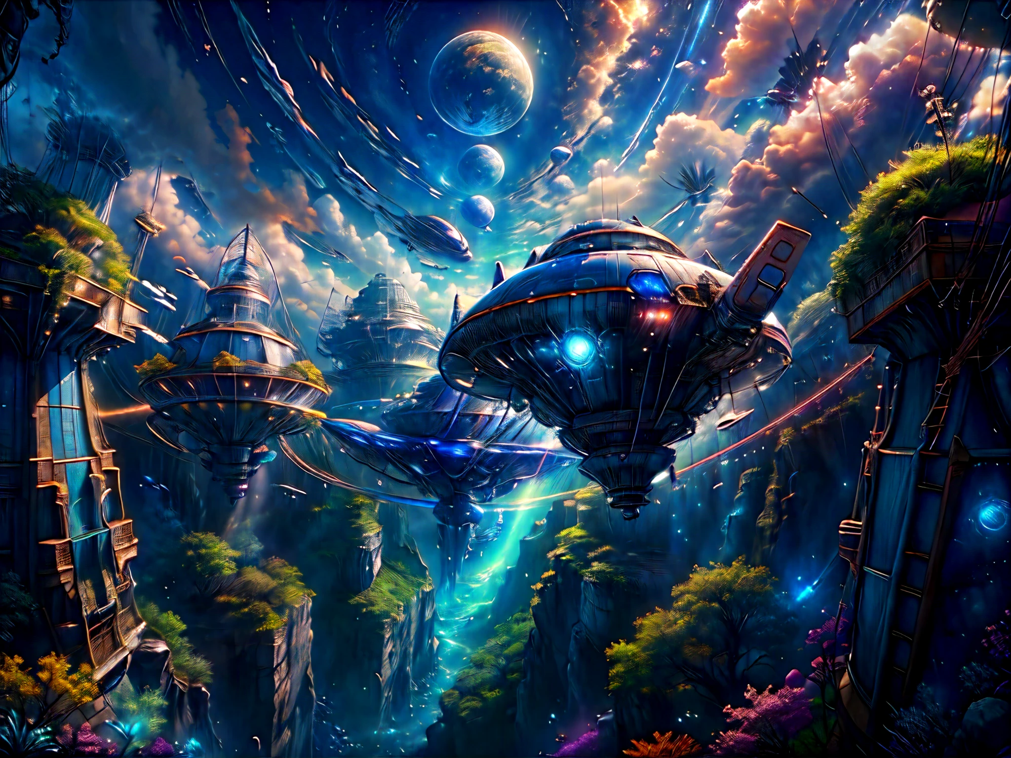 Le vaisseau spatial survole la station spatiale dans un ciel coloré, vaisseau extraterrestre, Bel art de science-fiction, vaisseau spatial dans le ciel, fond d&#39;écran fantastique de science-fiction, vaisseau spatial dans le ciel, vaisseaux spatiaux dans le ciel nuageux, vaisseaux spatiaux volants, vaisseaux spatiaux volants above, illustration de science-fiction fantastique épique, vaisseaux spatiaux volants around, fond d&#39;écran fantastique de science-fiction, art de science-fiction