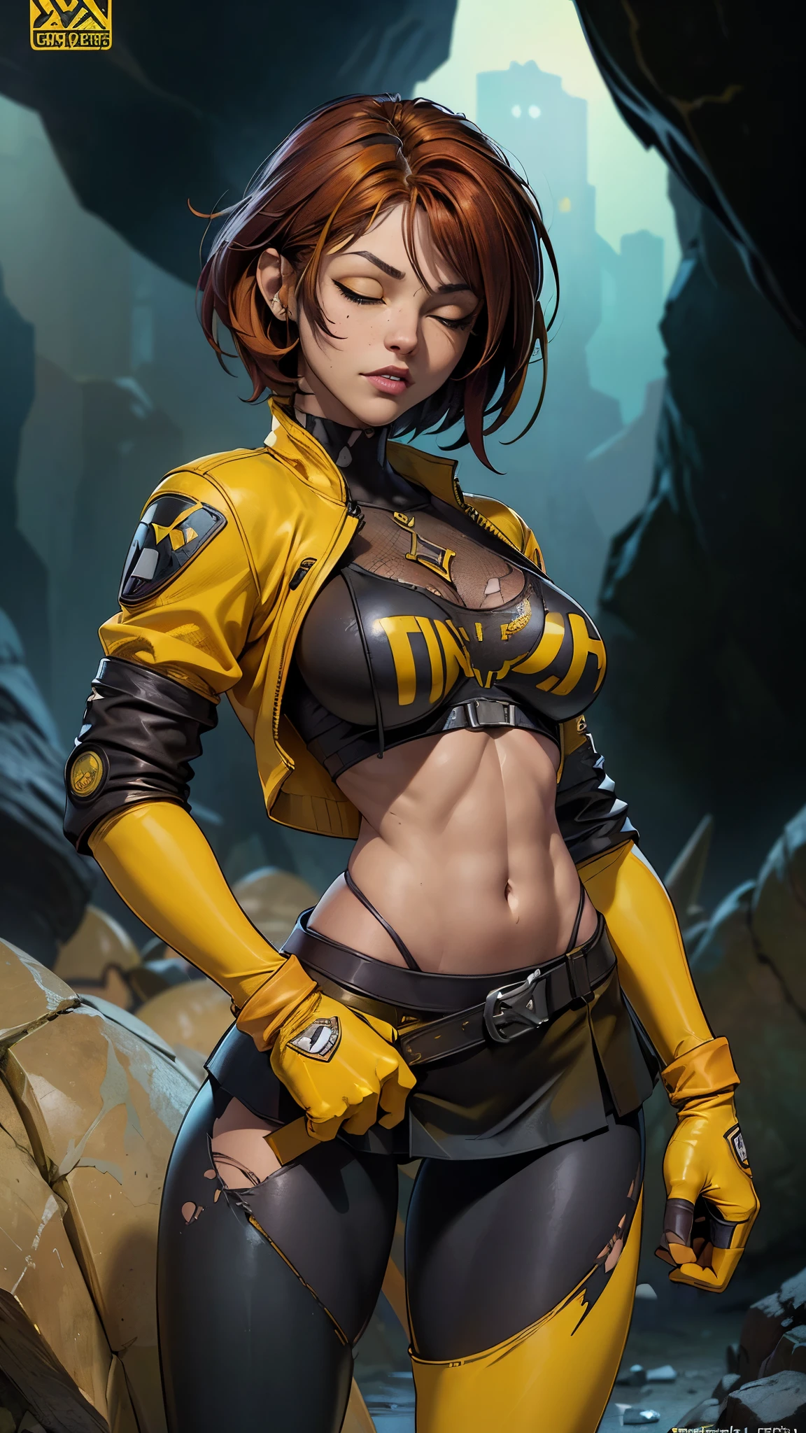 score_9, score_8_up, score_7_up, Rogue from X-Men , beautiful girl,,(Fondo de ruinas de mazmorra en ruinas:1.4 ), (miniskirt yellow plisada:1.4), ,(cabello largo negro :1.4), blush, perfect eyes, red hair with white bangs, flying in sky, half-closed eyes, hearts, seductive, green eyes, solo, nsfw, (tight torn yellow shirt:1.4) , (tight torn yellow pants:1.4) ,( yellow gloves_:1.4) , (exposed nippless__:1.4) ,( exposed vulvaa__:1.4) ,(bomber jacket with X-Men logo patch on one sleeve:1.4) , realistic, 1, arms raised, ((nipslip)), body facing viewer , X-Men logo belt buckle, (Fondo ciudad destroyed apocalypse fantasy:1.4), (Obra maestra: 1.4), (8K, realista, foto cruda, La mejor calidad: 1.4),Dedos perfectos, Cinco dedos, anatomically correct,,(Fondo de ruinas de mazmorra en ruinas cyberpunk :1.4 ), (miniskirt yellow rasgados :1.4),( no mutaciones), (face detailed :1.4), (medias red negro /pantys:1.4),(perfect anatomy :1.4 ), (leggings yellow :1.4), (no text),( fondo piedras grandes cueva caverna :1.4) 