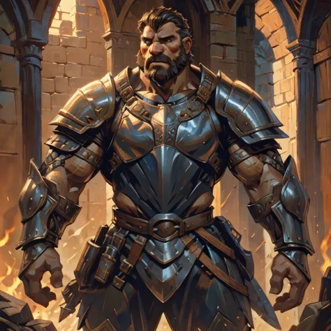 burly knight with bulging muscles, wearing intricate armor, high detail, medieval fantasy, realistic, dramatic lighting, dynamic...