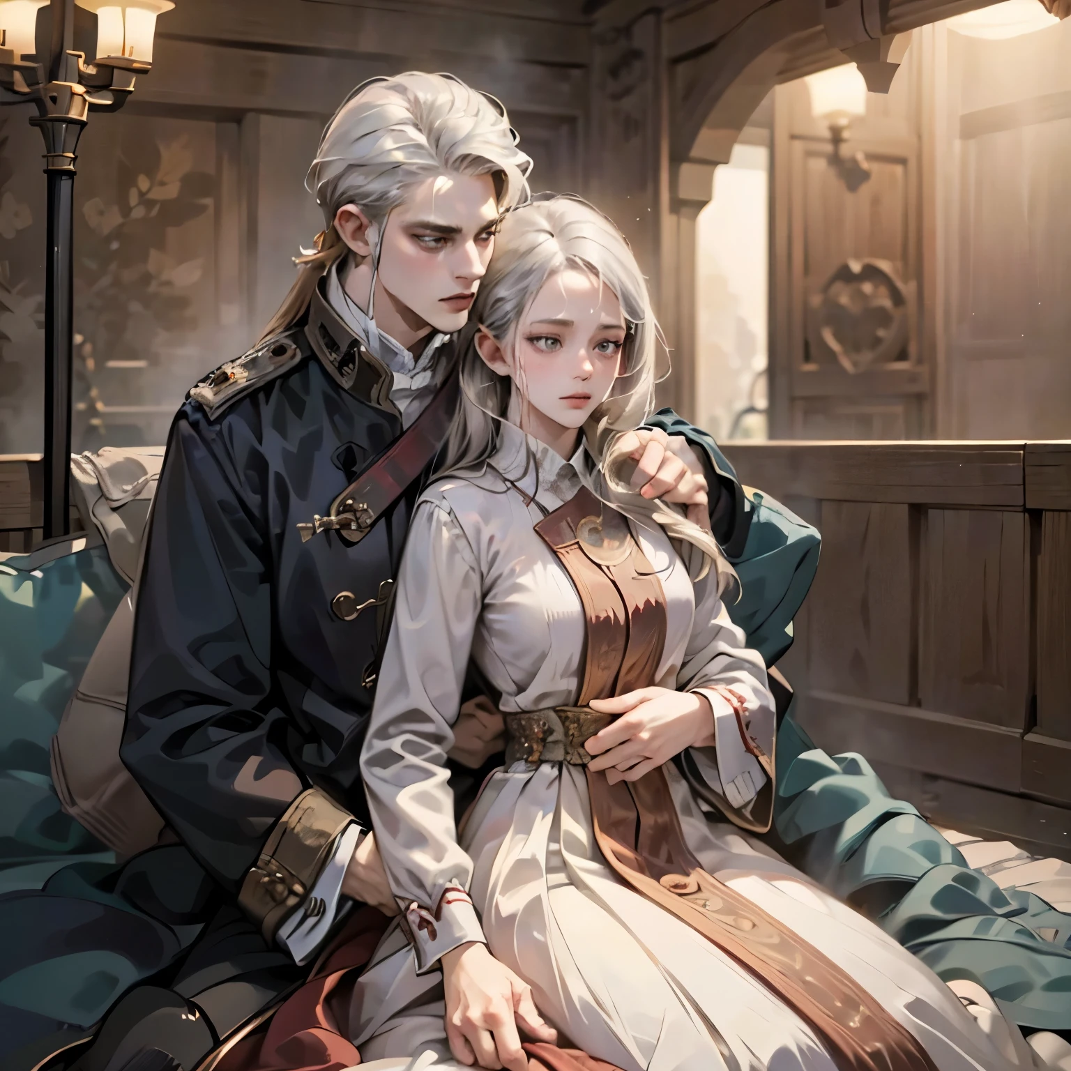 (1man 1girl) A man in the costume of an 18th century priest, with silver hair, Attractive man, having sex, sacerdote Penetrated pussy, sexy girl, young woman, Depraved girl, beautiful , blonde hair, Taboo, immoral