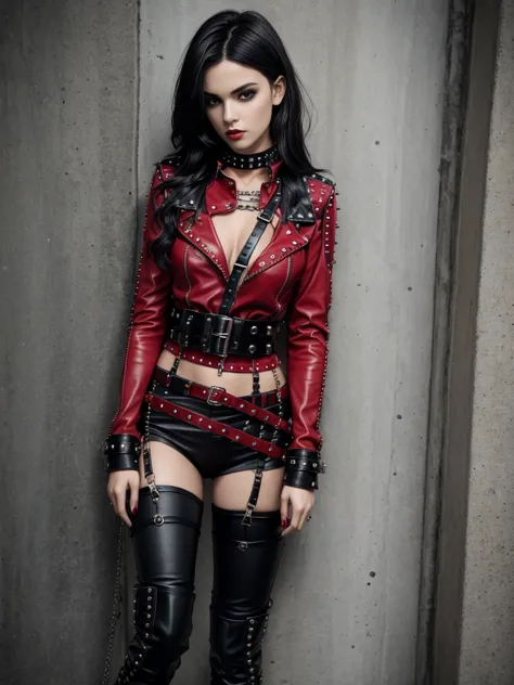 full portrait, dark haired emo girl in red leather clothes, black studded belt, studded bracelet, boots with buckles, studded co...