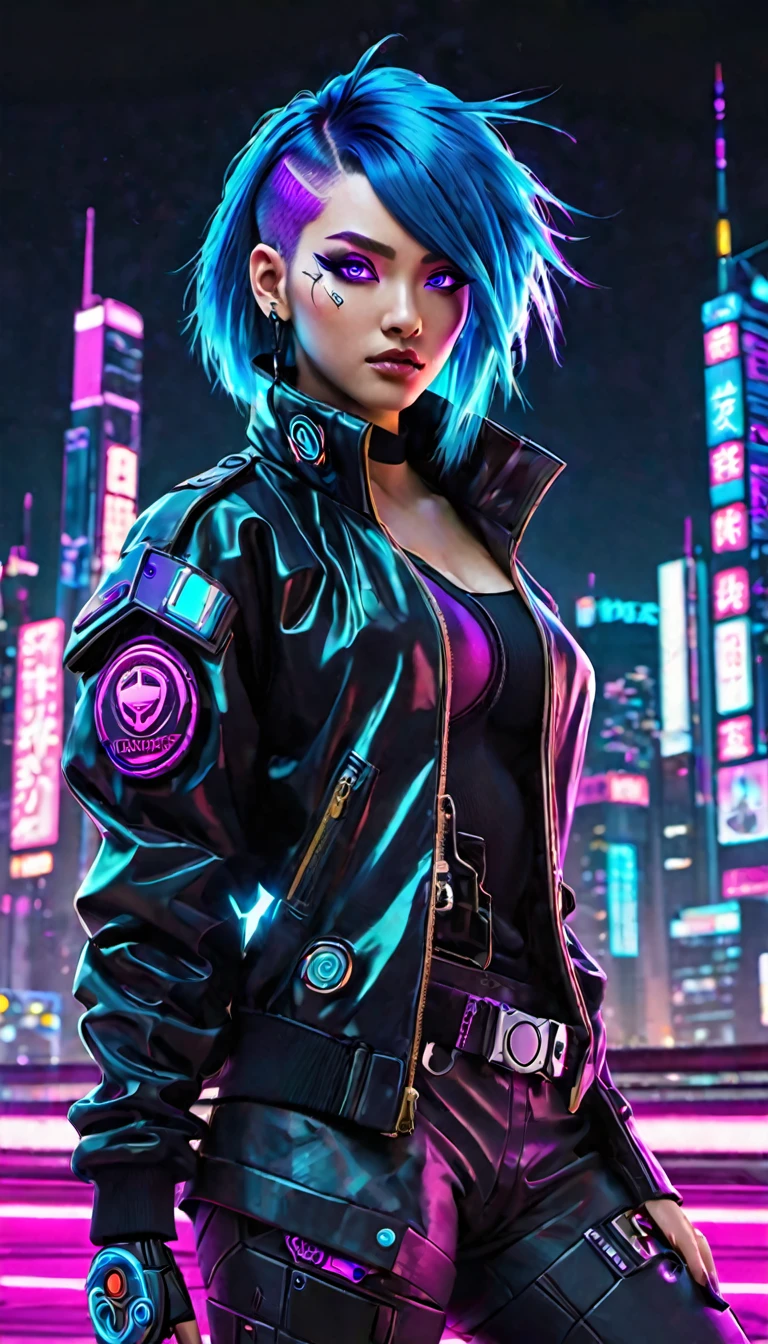 The image depicts a stylized, animated character with a cyberpunk aesthetic. The character has vibrant blue hair and striking purple eyes, with a hint of pink on the eyelids. They are wearing a black jacket with a high collar, adorned with a futuristic-looking badge or emblem on the left arm. The background suggests a bustling cityscape at night, with neon lights and signs that include Asian characters, contributing to the cyberpunk theme. The overall style of the artwork is reminiscent of digital illustrations found in video games or graphic novels, with a focus on vibrant colors and detailed character design.