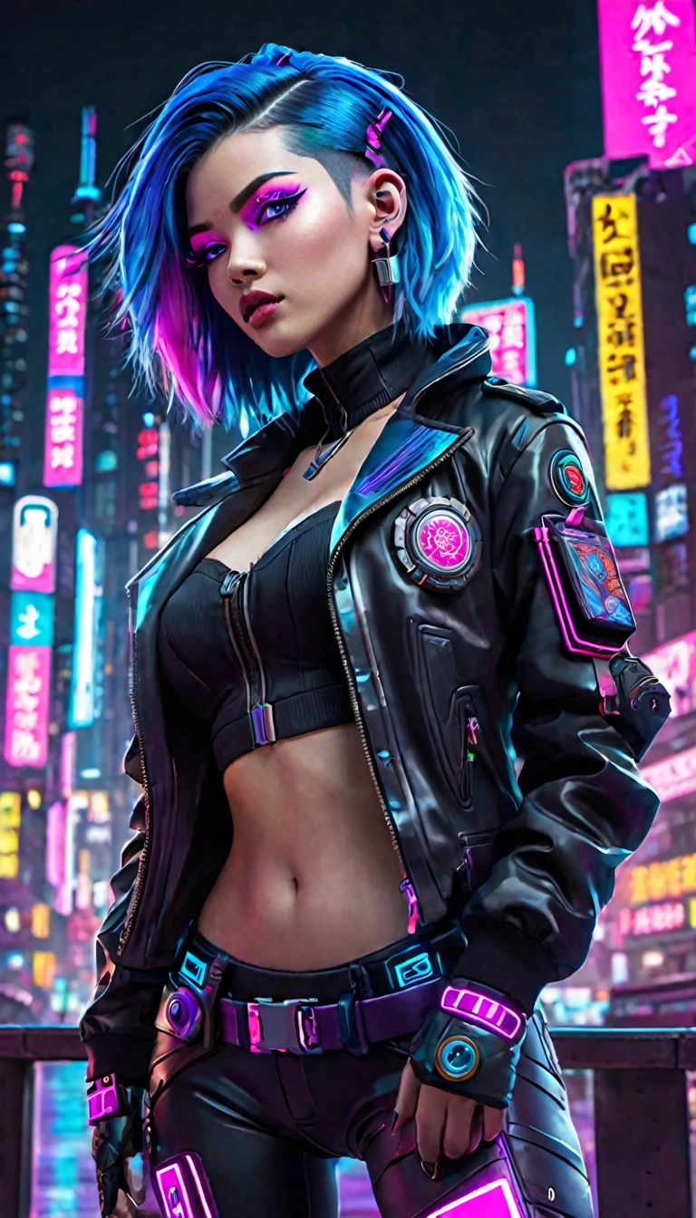 The image depicts a stylized, animated character with a cyberpunk aesthetic. The character has vibrant blue hair and striking purple eyes, with a hint of pink on the eyelids. They are wearing a black jacket with a high collar, adorned with a futuristic-looking badge or emblem on the left arm. The background suggests a bustling cityscape at night, with neon lights and signs that include Asian characters, contributing to the cyberpunk theme. The overall style of the artwork is reminiscent of digital illustrations found in video games or graphic novels, with a focus on vibrant colors and detailed character design.