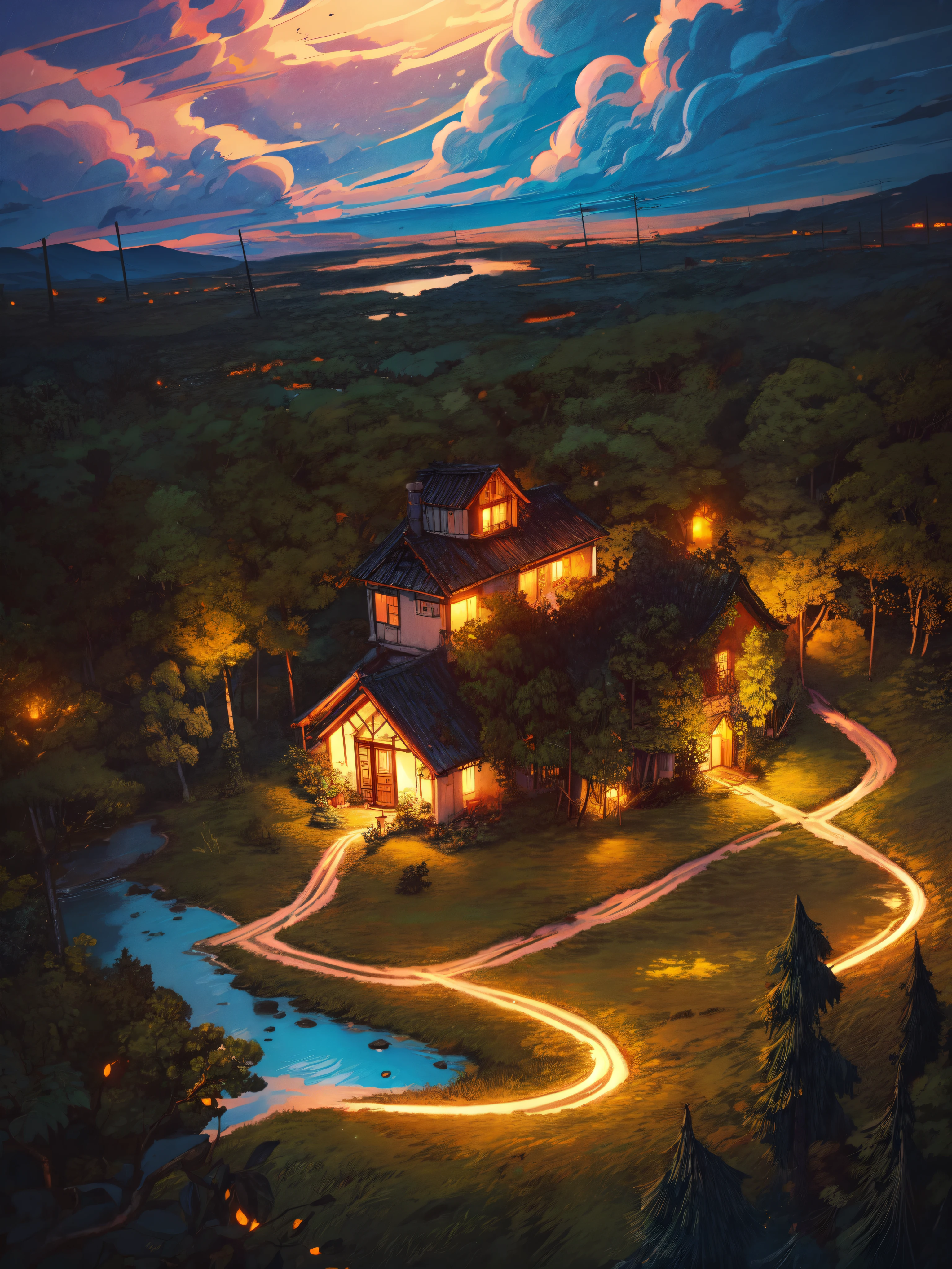 aerial view, hut by the river, night time, fireflies, moolight falling on river, boat, reflection, starry sky, norway, beautiful moody weather, illustration, fantasy landscape, vibrant tones, shining clouds, thick lines, cozy tones, beautiful sky, ghibli style, outdoors, cozy atmosphere, micro landscape, intrinsic details