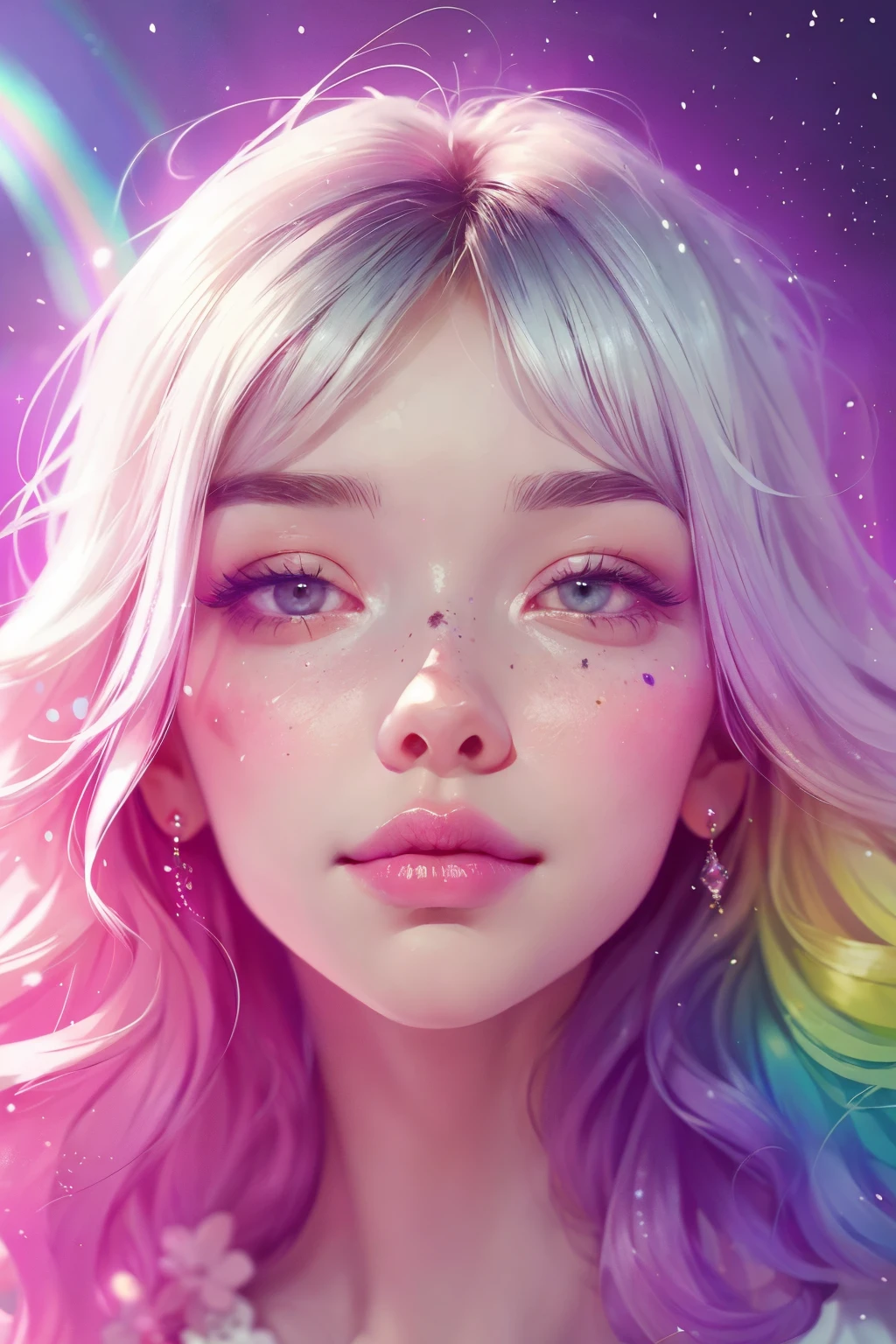 (This is a beautiful rainbow fantasy image that feels interesting and emphasizes glitter and iridescence.) Generate a ((blind)) curvy woman with colorful curly hair and milky white eyes. Her face is important and is perfectly formed with puffy lips and perfect features. (Her eyes are critically important and are (blank) and (solid white)). The image exudes ethereal beauty and soft fantasy. Include sweet and detailed birds and soft, luminous flowers in all the colors of the rainbow. The image's background is decorated in shades of pink, shimmer, glitter, and fantasy details like colored bubbles and cosmos. Utilize dynamic composition to create a compelling and action-packed image. Dramatic lighting and cinematic lighting enhance the woman's beauty and the soft colors in the artwork. (((((Perspective: head on.))))) Include fantasy, cute, colorful, colourful, interesting magic background, ((((blank eyes)))), ((((empty white eyes)))), (shirome eyes:1.3), (smirking), (perfectly rendered solid whiteeyes), ((birthmark on lip)), ((pretty lips)), beautiful background, complex background, sweet background, (((rainbow)))