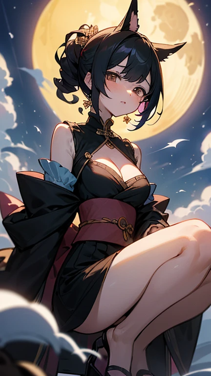 ((highest quality)), ((masterpiece)), Perfect Face, Oiran, A large full moon in the background, Angle where most of the full moon is visible, The full moon is a new yen, A bewitching atmosphere illuminated by moonlight, The hairstyle is Japanese-style by Date Hyogo, 高価で派手な和柄のOiran着物を着ている, Oiran着物の色は真紅やゴールドなどカラフル, Her hair is lavishly decorated with many hairpins., The hairpins worn are either ball-shaped hairpins made of tortoiseshell or flat hairpins with circular decorations., (Biologically correct five human fingers), ((右手に長尺の白州形Oiran煙管を持っている)), Black Hair, Japan person with a beautiful face, (The neckline of the kimono is wide open, making it off-the-shoulder.), (A little bit of shoulder is visible), (Ample breasts), ((A little bit of cleavage is visible)), 目尻に赤いアイシャドウのOiranメイク, ((右手に持った白州形Oiran煙管は朱塗りで吸い口と火皿部分だけは真鍮製)), (白州形Oiran煙管の持ち方は下から指を添える持ち方),