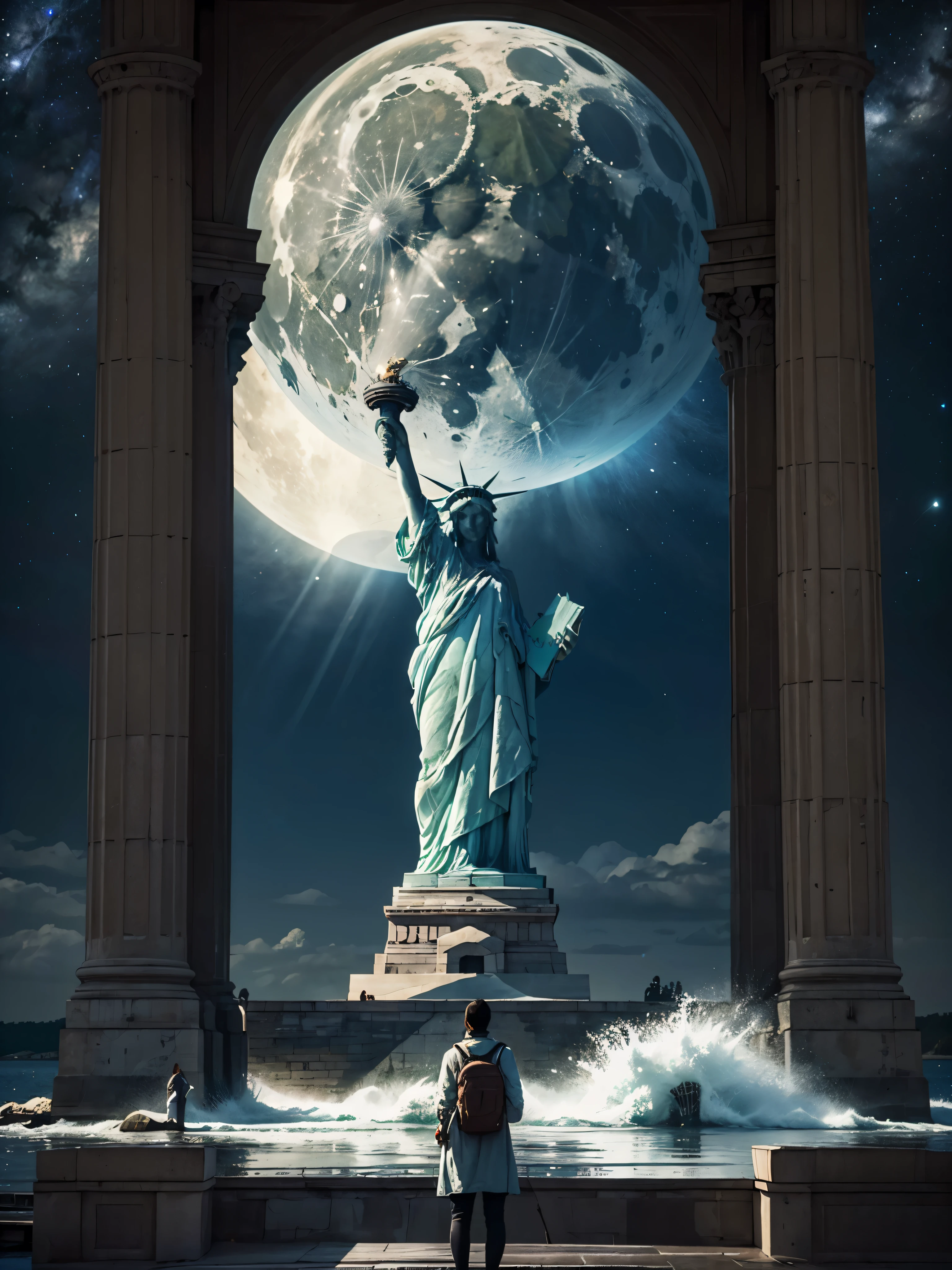 a colossal bottle which contained a majectic lake and lady-liberty,  very high quality and Very detailed scene , Octane render, Starry Sky , Dreams , Giant green Moon , Vaut of heaven , Inspiration, Imagination  